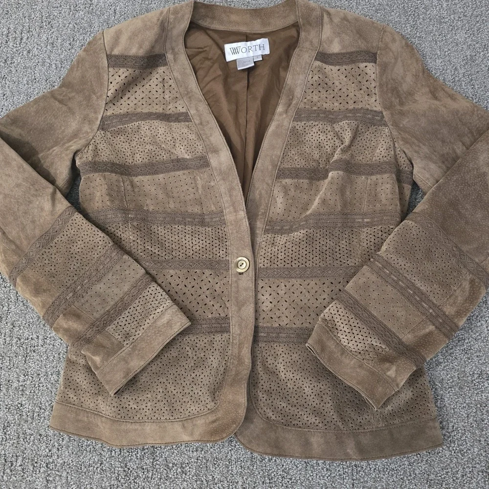 Worth 100% Leather Brown Suede Jacket Lace Detail Womens Size 6‎ Boho Western